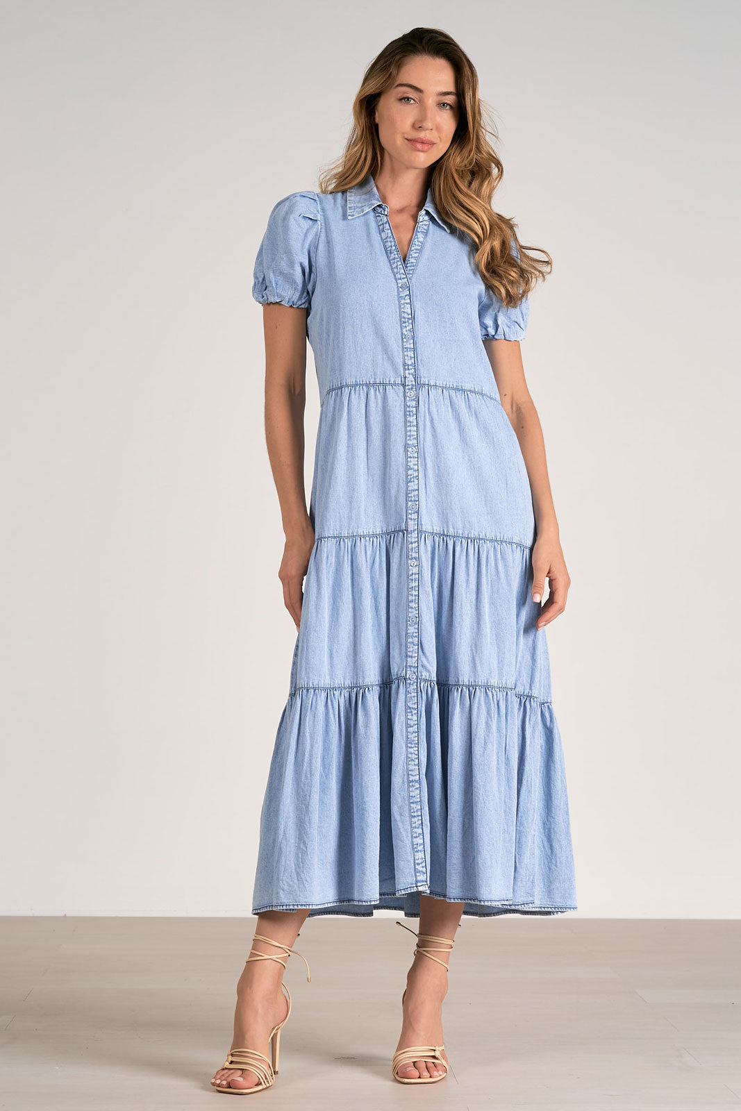 Denim tiered midi dress